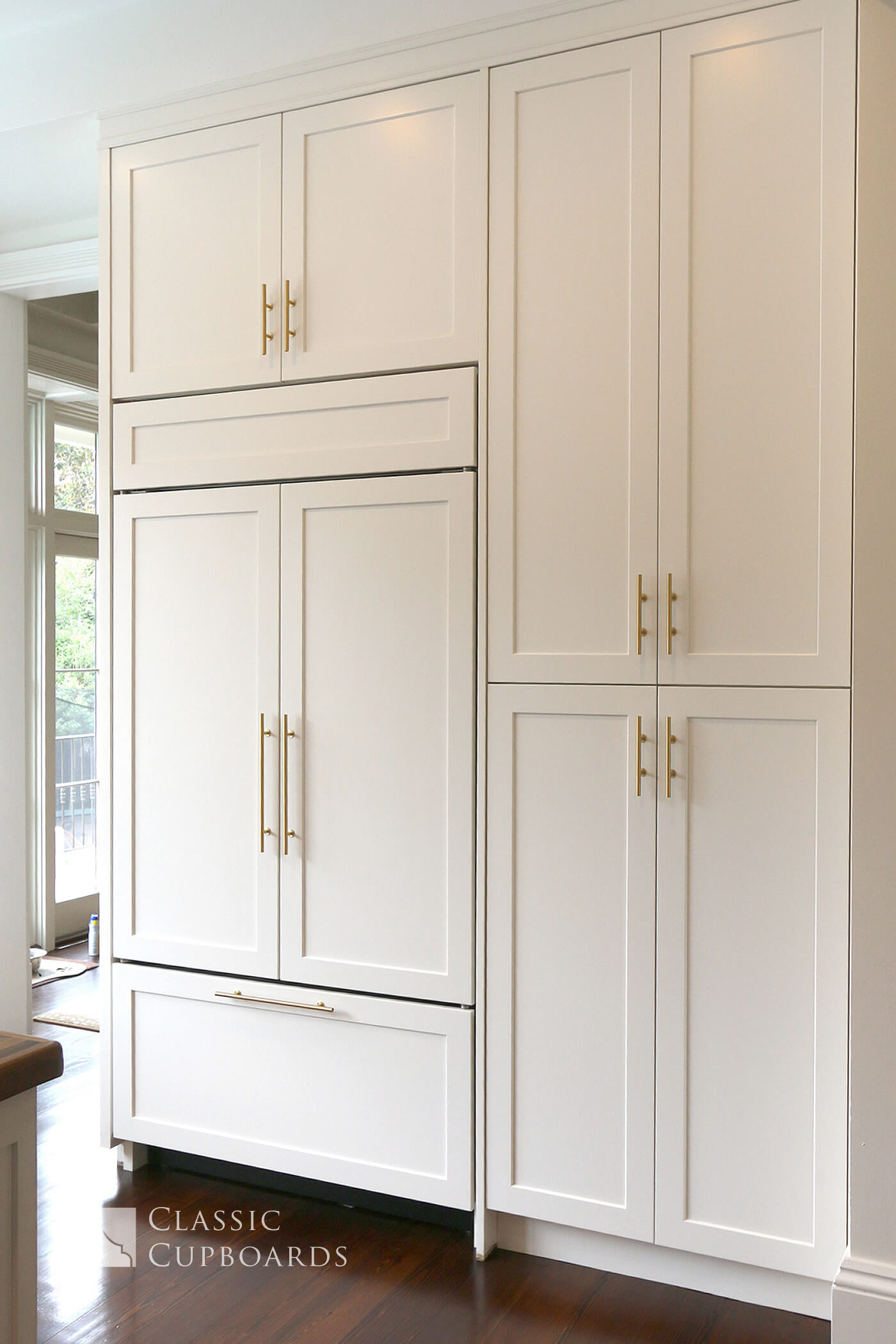 Transitional Kitchen cabinets with built in fridge