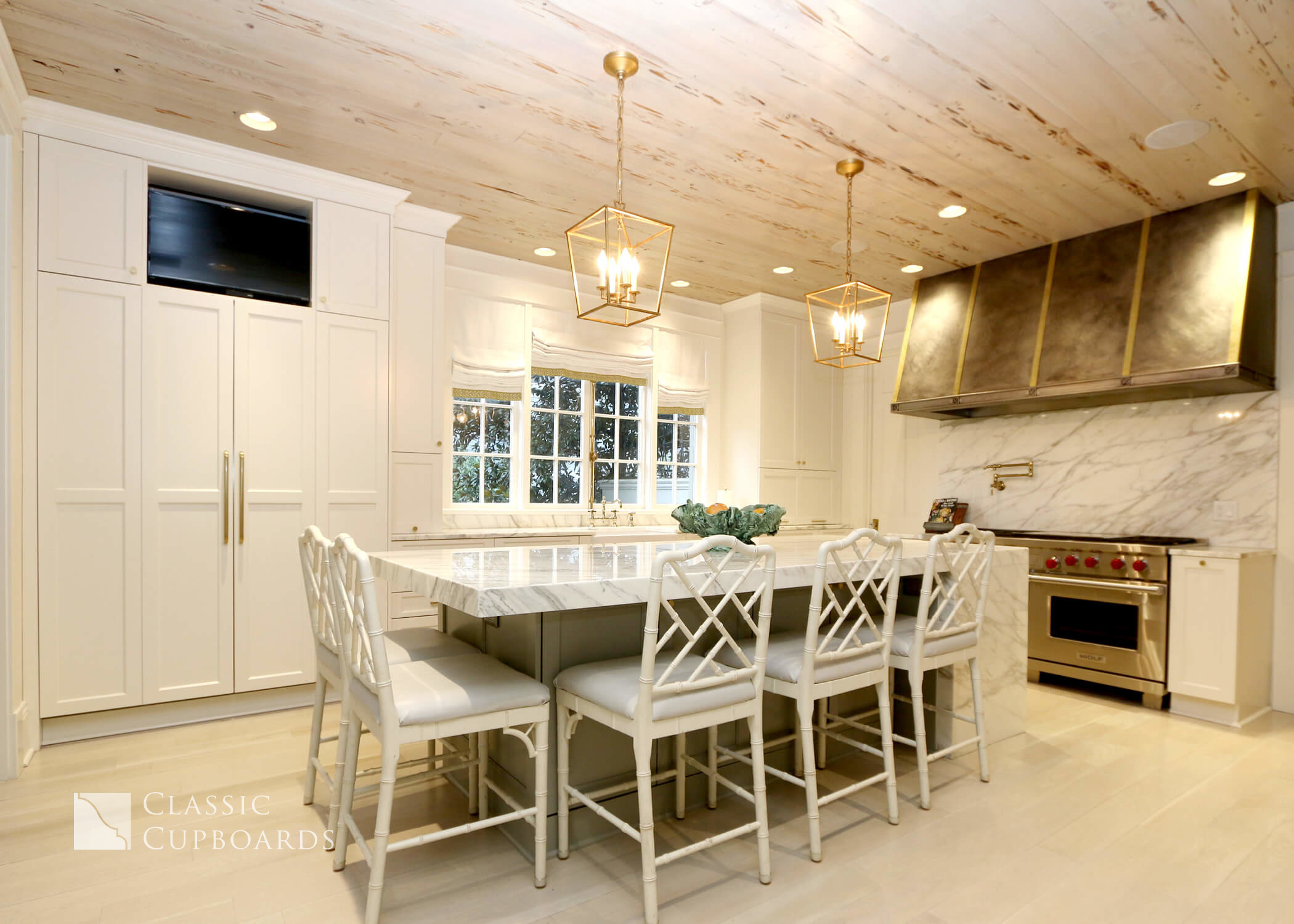 Transitional Kitchen with thick island top