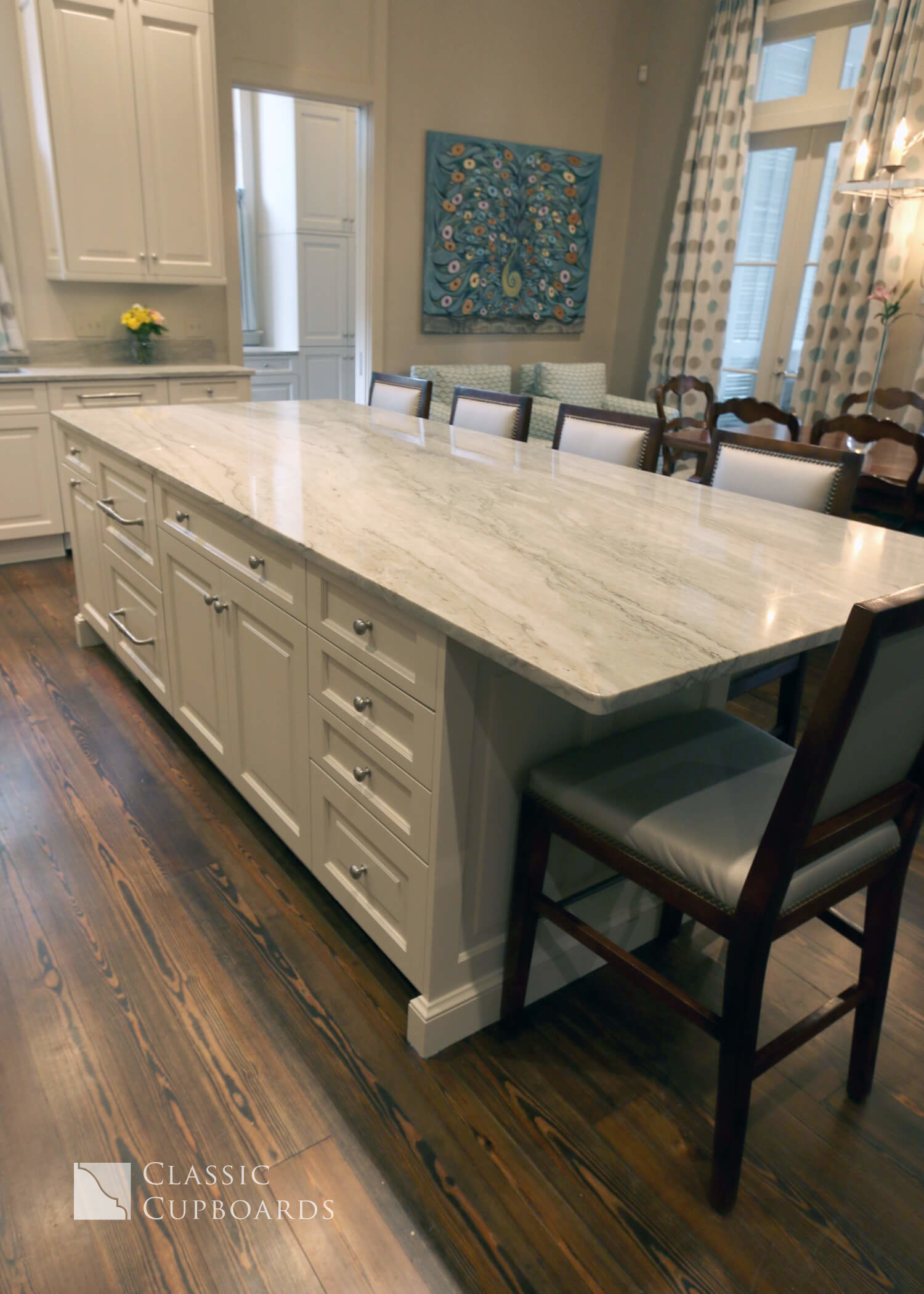 Traditional Kitchen island with marble top