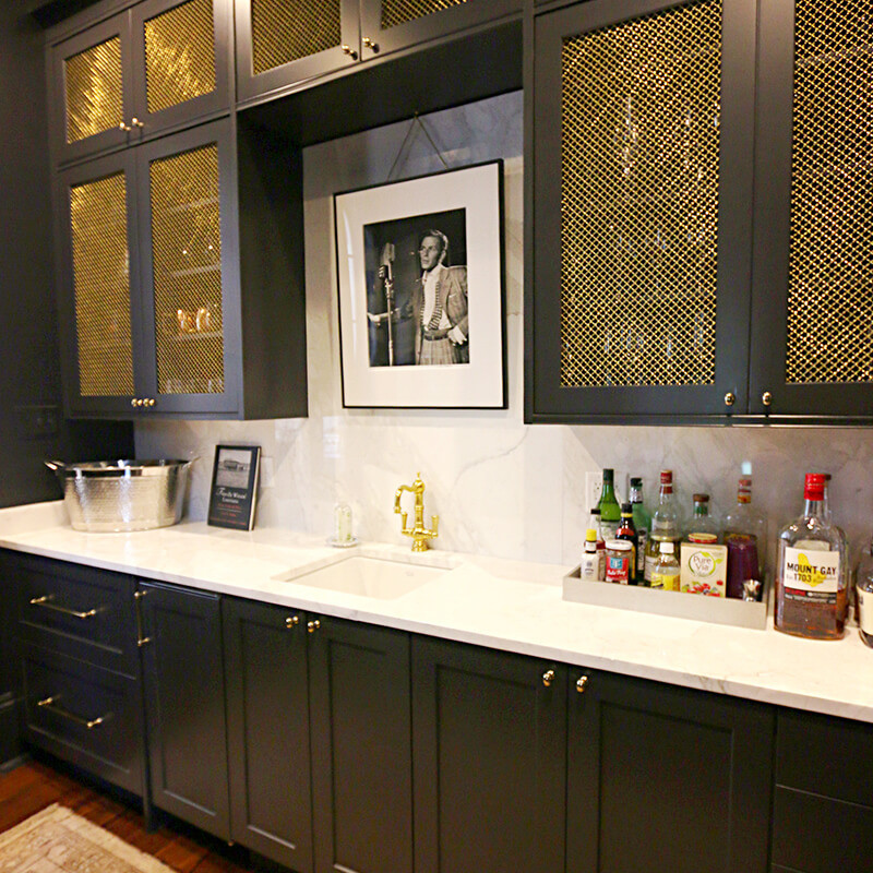 Home Bar with navy cabinets