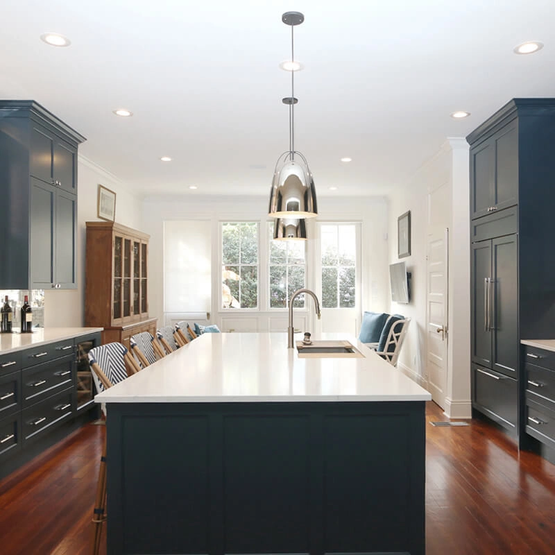 transitional kitchen with custom blue cabinets