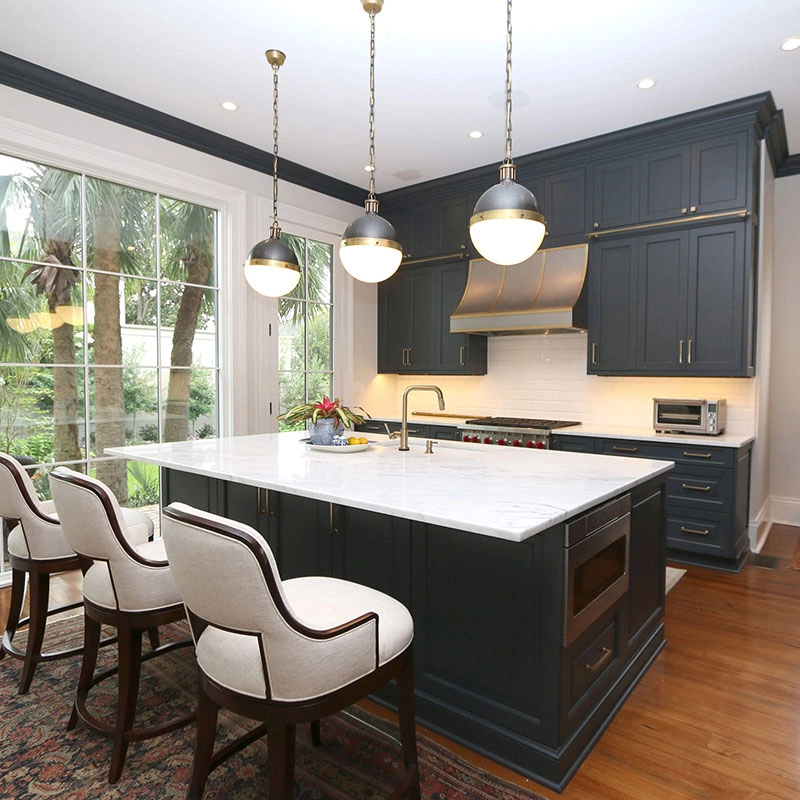 Traditional Kitchen with navy cabinets